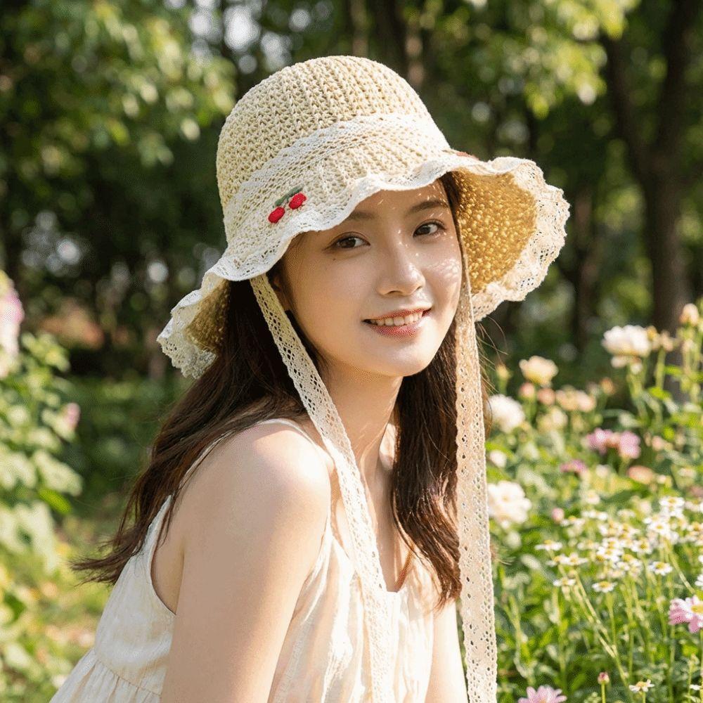Cappello da Pescatore in Paglia Ricamato con Ciliegie Cappello a Secchiello Intrecciato all'Uncinetto Cappello da Sole Unico per Donna