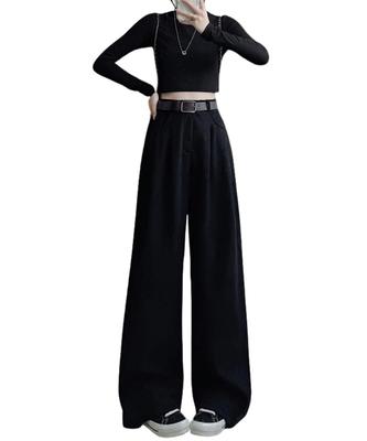 Green Pachira Easy Pants for Fall and Elastic Plus Sizes Long Loose Solid High Black Women's Wide-leg Pants, Winter, Waist, Available, Corduroy,