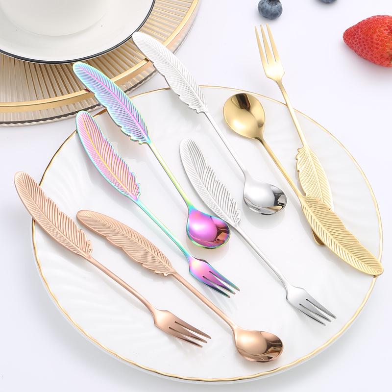 304 Stainless Steel Feather Spoon & Fork Set: Creative Wing Design for Kids, Coffee, and Parties