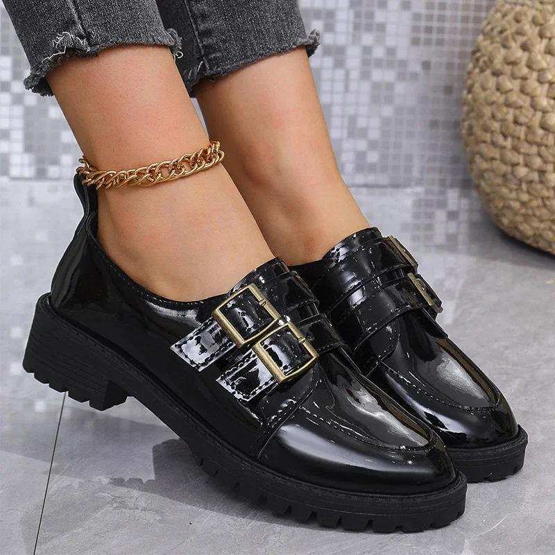 2024 Autumn Women New Buckle Decor Loafers Retro Solid Mary Jane Shoes Daily Shopping Ladies Thick Heels Zapatos Mujer