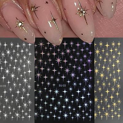 3D French Stars Nail Stickers Laser Golden Purple Stars Nail Decals Glitter Charms Manicure Art Decor