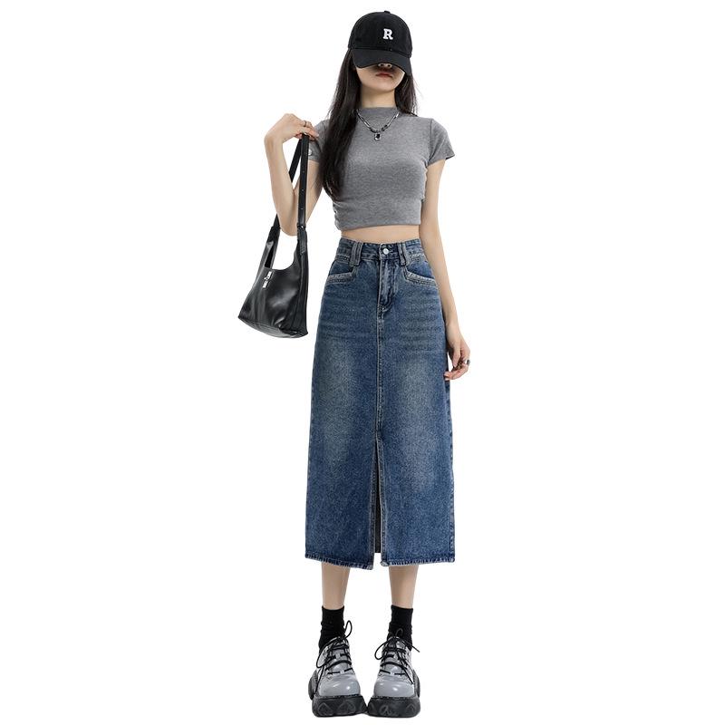 Plus Size High Waist Denim Midi Skirt - Summer Retro A-line Slit Design
