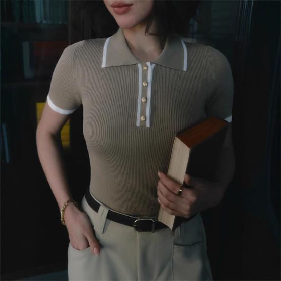 Women Short Tops Patchwork Color Short-Sleeve Lapel Tops with Buttoned Neckline Regular