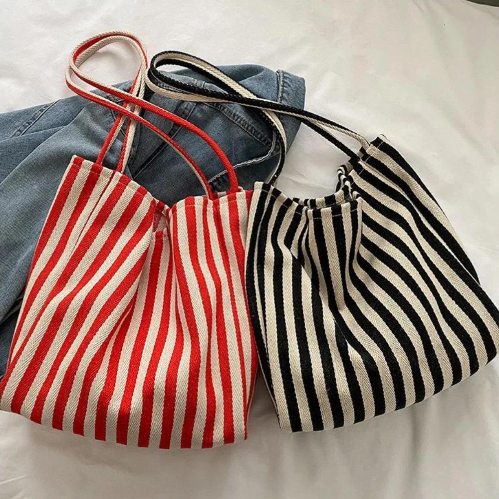 Female Casual Multifunctional Travel Top-handle Handbag Large Capacity Canvas Women Shopper Tote Simple Striped Shoulder Bag2025