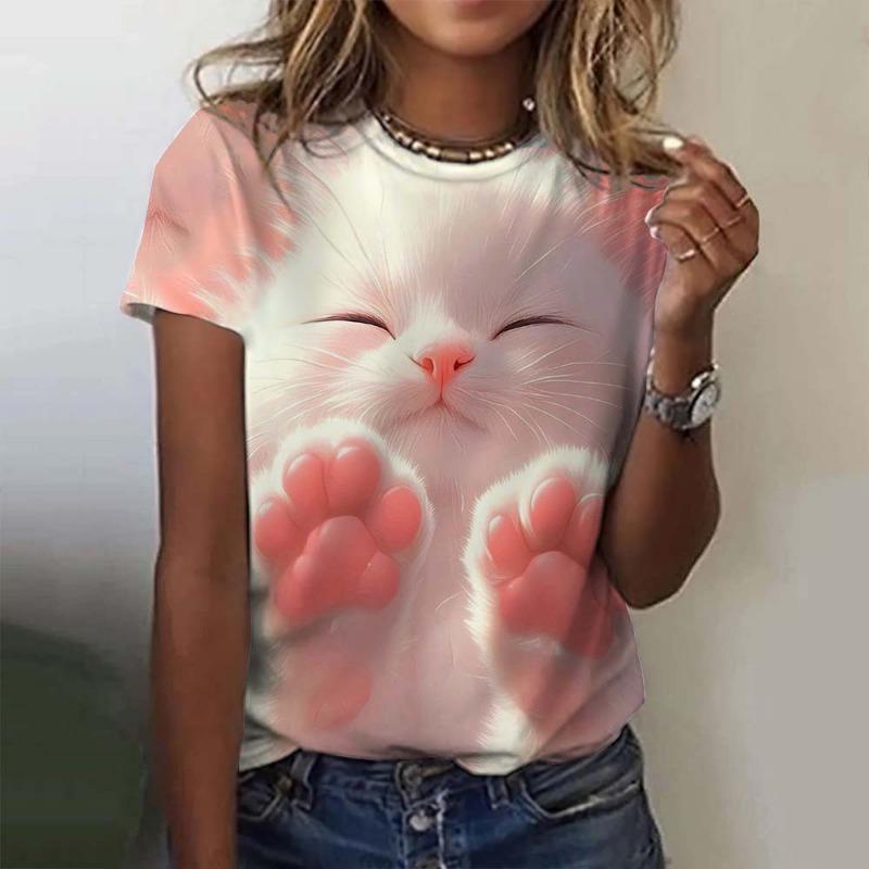 Damski T-shirt dla Dziewczyn Wzór Słodkiego Kota Nadruk 3D Topy Lato Krótki Rękaw Casual Moda Odzież Damska Oversize T-shirty