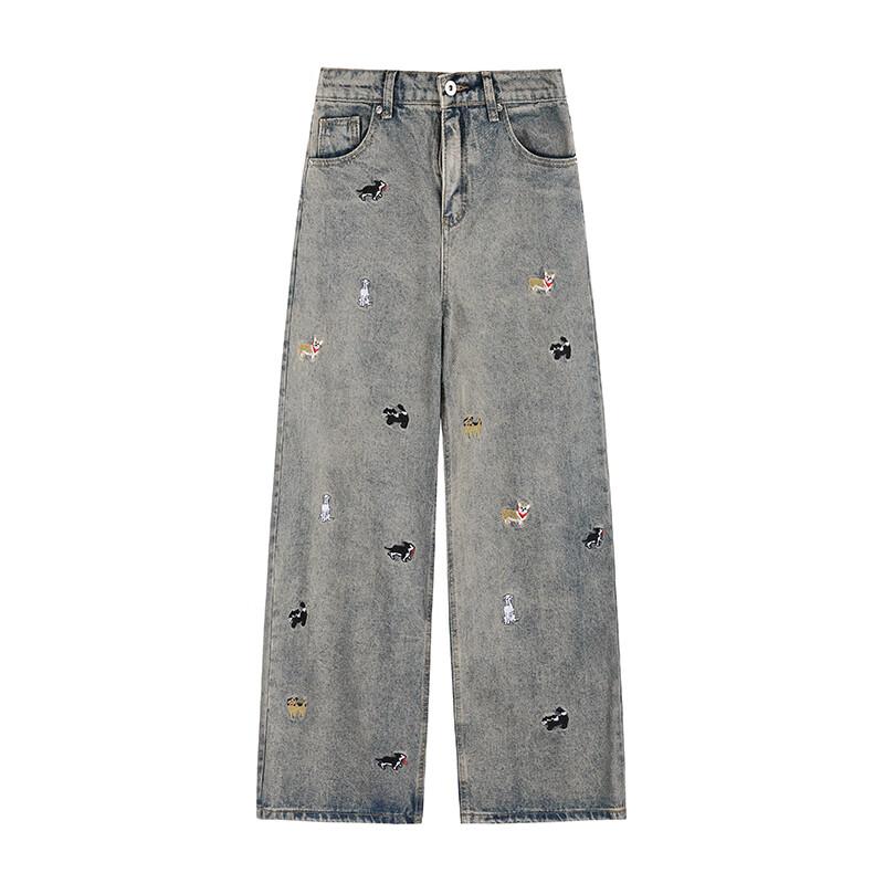 LEMANISM Cartoon Dog Embroidered Washed Straight-Leg Jeans