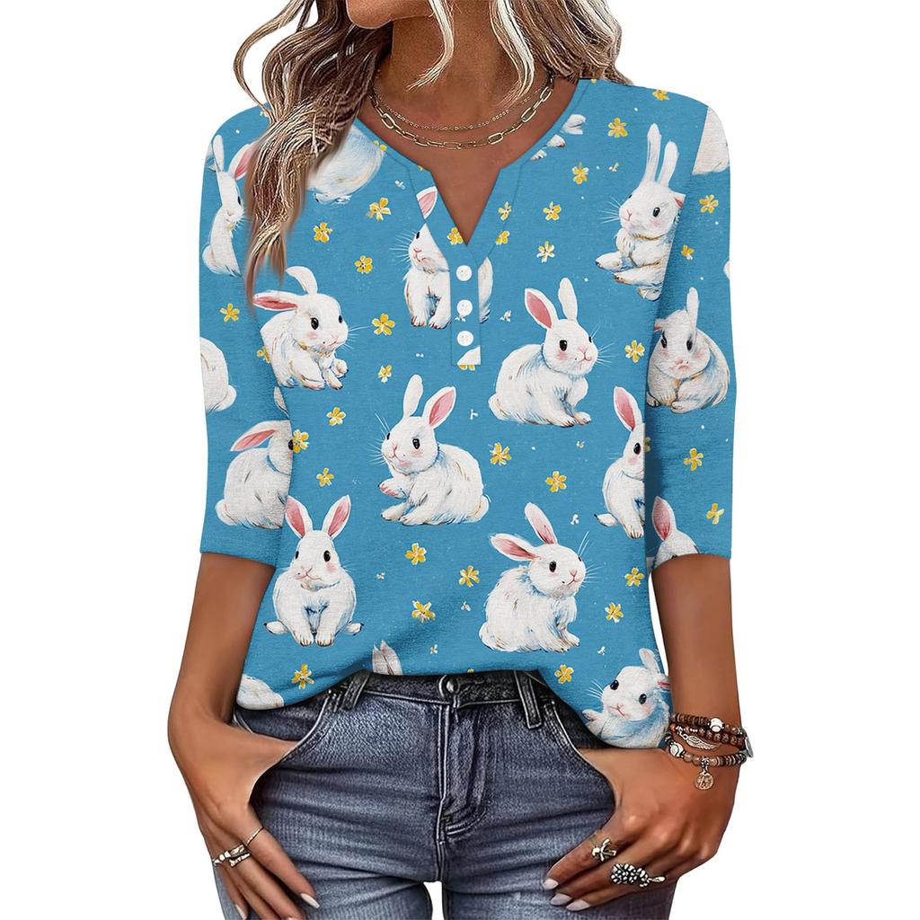 Top T-shirt de Damă la Modă și Casual cu Imprimeu Iepuraș de Paște și Ouă, Decolteu în V, Nasturi, Mânecă Trei Sferturi