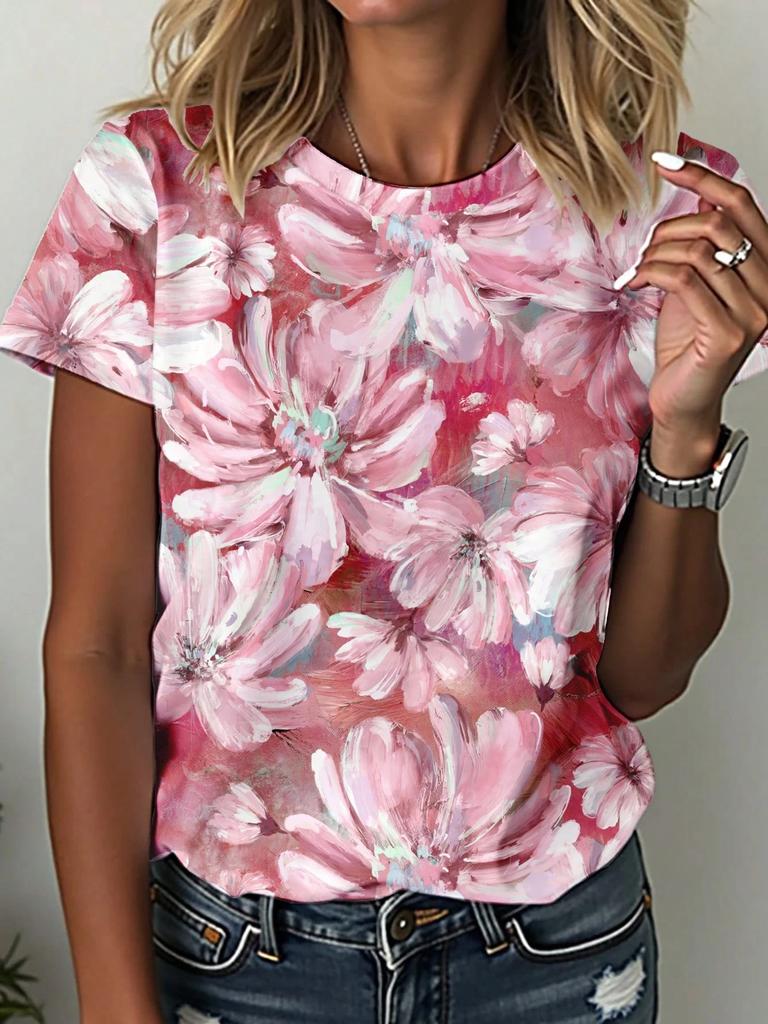 3D Colorful Floral Pattern Women's T-shirts Summer Casual Round Neck Top Short Sleeve Loose Casual Daily T-shirts