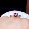 Open Ring Simple Rose Red Heart Shape Ring with Micro Inlaid Zircon and Pigeon Blood Red Gemstone