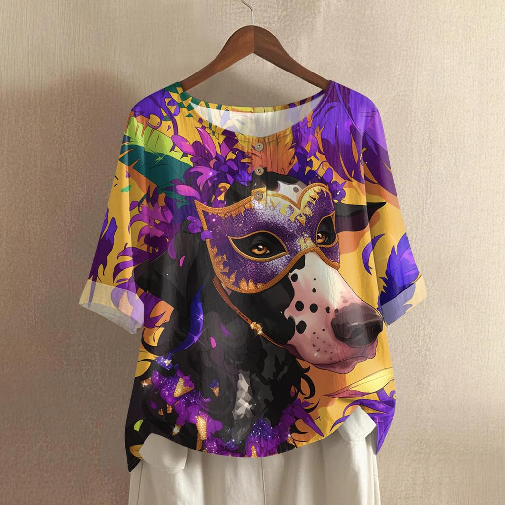 Women's Fashionable And Casual Shirt Half Sleeve Round Neck Print Cotton And Linen Blouse Top