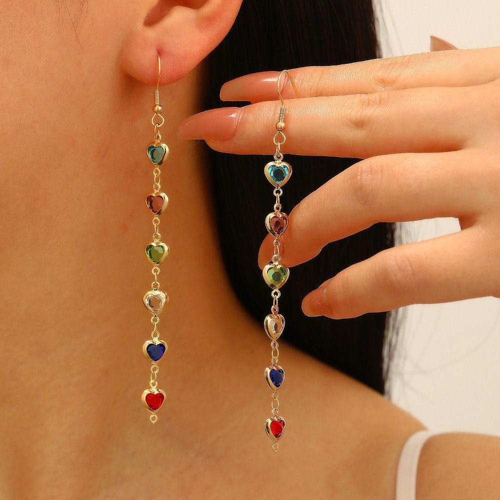 Copper Chain Rhinestone Earrings Colorful Rhinestone Long Tassel Earrings  Banquet Jewelry