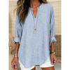 Women's Henley V Neck Long Sleeve Loose Solid Linen Blend Tunic Top Plus Size Casual Blouse