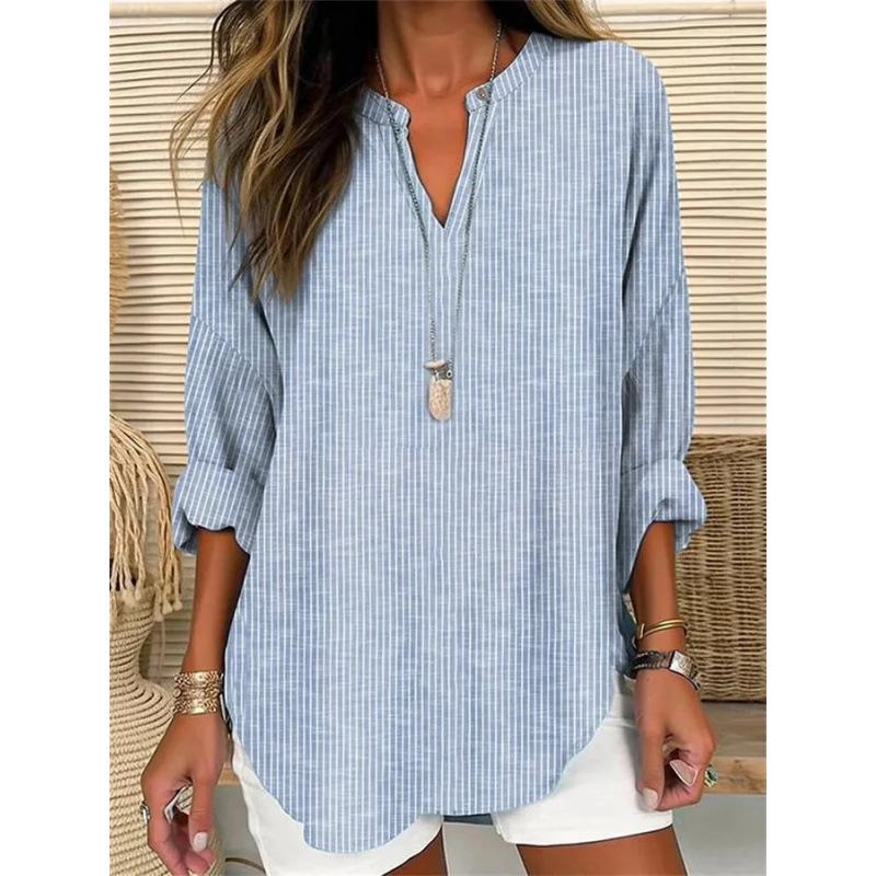 Women's Henley V Neck Long Sleeve Loose Solid Linen Blend Tunic Top Plus Size Casual Blouse