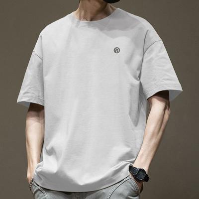 Men's Loose-Fit Cotton Crew Neck Short Sleeve T-Shirt Simple Embroidery Casual Top