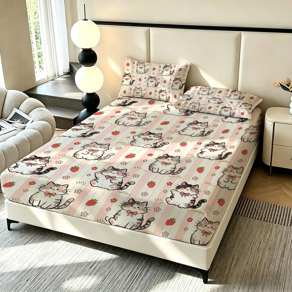 3pcs Cartoon Bear Kitten Printed Chipless Bed Sheet Set Multiple Sizes Soft Bed Cover Bedroom Bedding Decoration, Gift Bedding