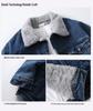 2025 Men's Autumn/Winter Denim Jacket with Faux Rabbit Fur Collar, Cotton Texture, Fleece-Lined, Washed Finish.