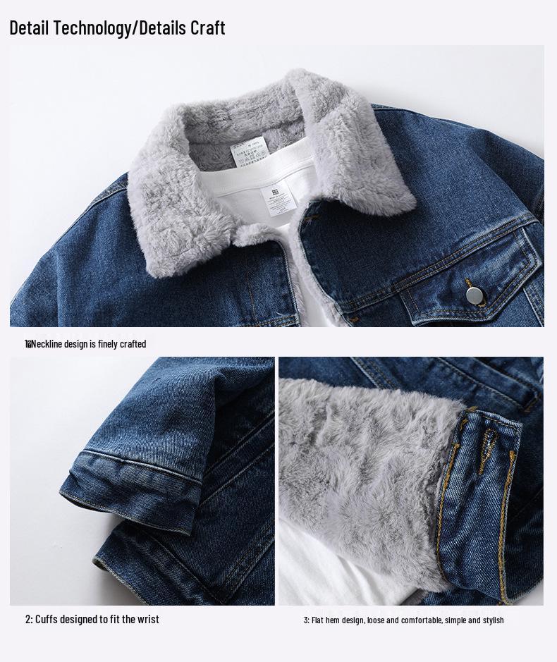 2025 Men's Autumn/Winter Denim Jacket with Faux Rabbit Fur Collar, Cotton Texture, Fleece-Lined, Washed Finish.