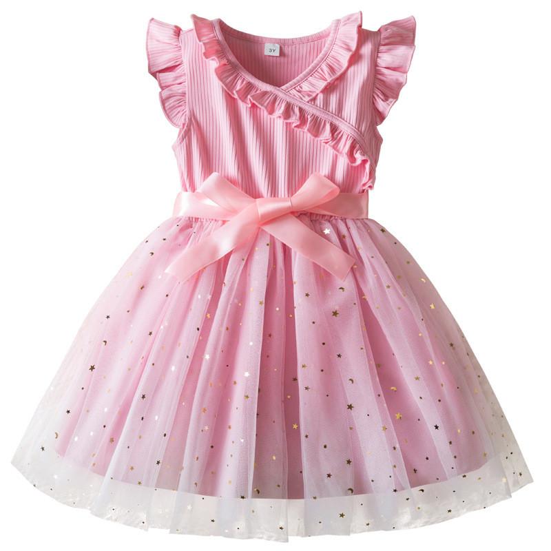 Princess Girl Summer Dress With Glitter Star Sequins And Pleated Cotton Blend