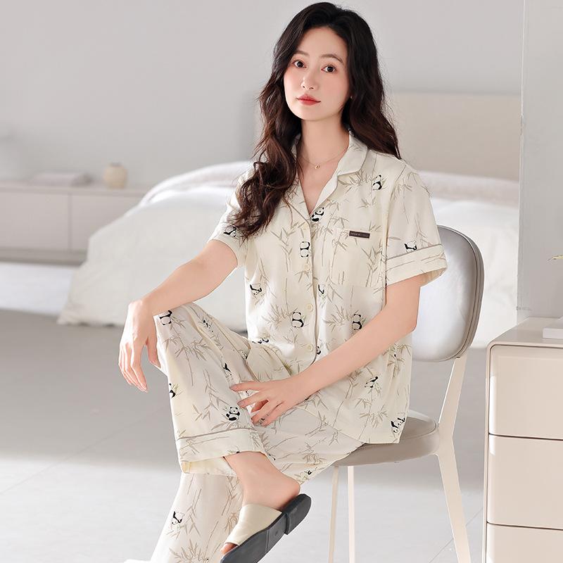 Pajamas women's summer cotton short-sleeved trousers thin summer 1011 new large-size summer cardigan loungewear