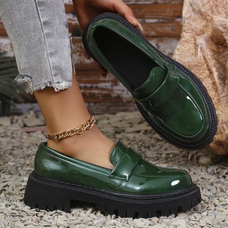 Fashion Patent Leather Med Heel Loafers Shoes Women Solid Color Slip-On Platform Pumps Woman Thick Bottom Non-Slip Office Shoes Female
