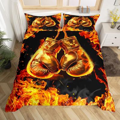 Boxing Sport Duvet Cover Set Golden Boxing Gloves Comforter Cover Kids Boys Teens Yellow Fire Print Duvet Covers with Pillowcase