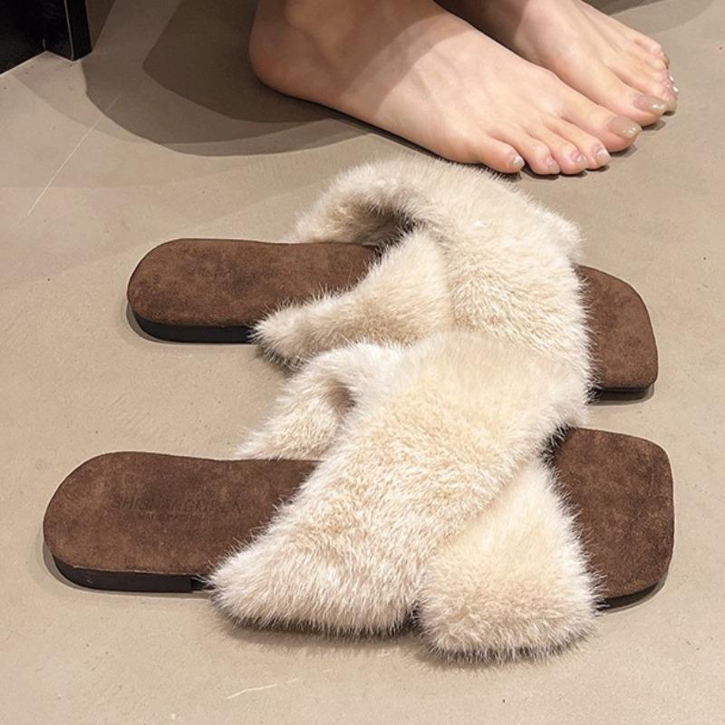 Fashion Square Toe Women Flats Fur Slippers Designer Elegant Shoes 2025 Winter New Flip Flops Fashion Casual Sandals Dress Zapatos Mujer