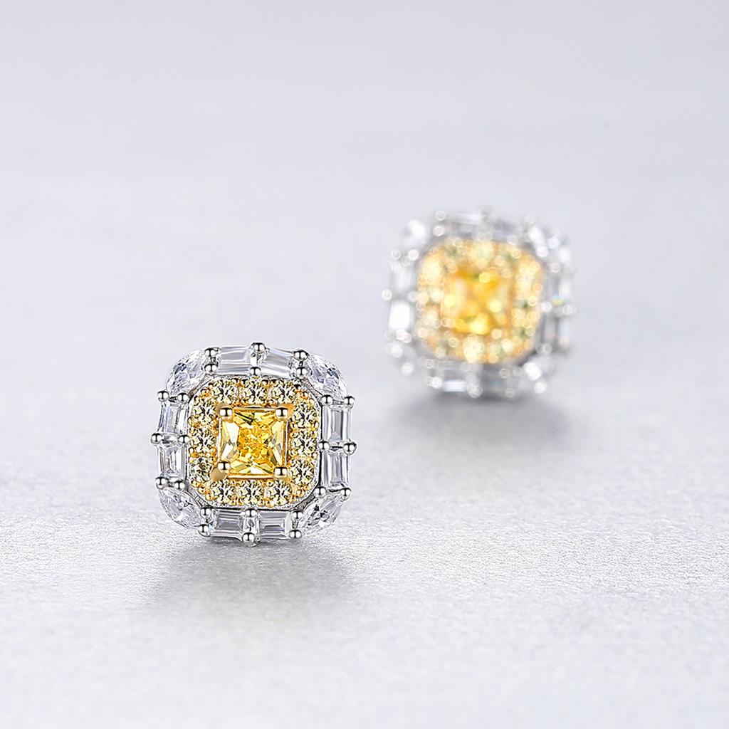 CZCITY Fancy Yellow Crystal Formica Cubic Zirconia 925 Sterling Silver Women's Stud Earrings for Party