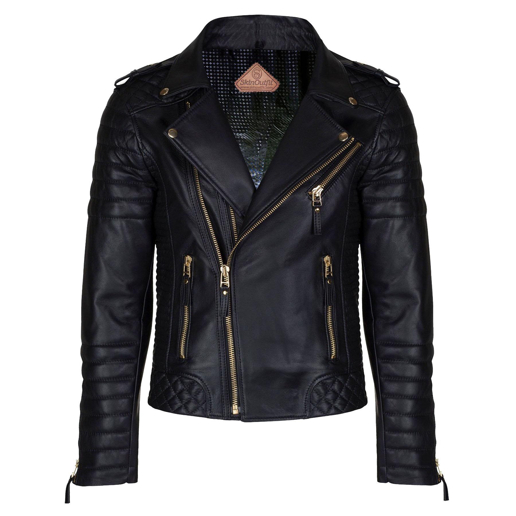 

SKINOUTFIT Men Biker Leather Jacket Genuine Black Lambskin Café Racer Motorcycle Outerwear S чорний