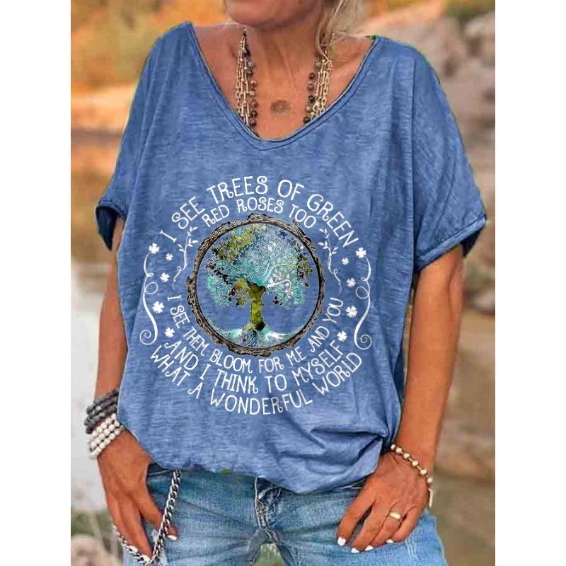 Ilstile Damen V-Ausschnitt Hippie What A Wonderful World Aufdruck T-Shirt Sommer Kurzarm Damenbekleidung Oberteile Freizeit-T-Shirts