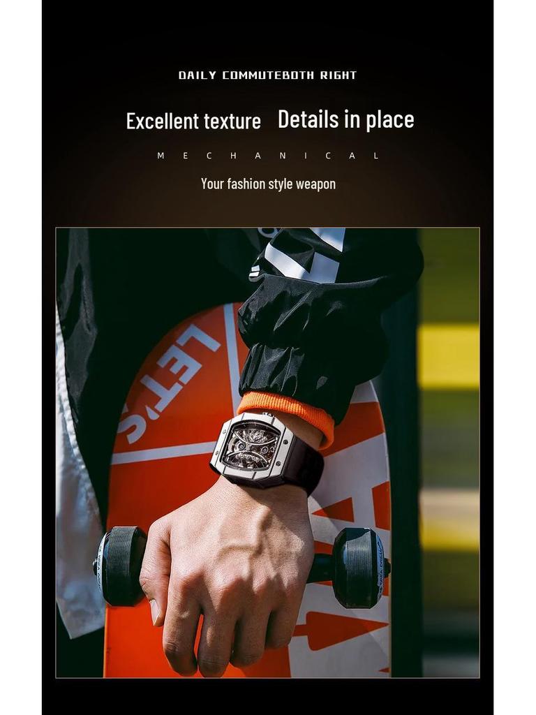 Ceas Mecanic de Modă Swiss True Tourbillon pentru Bărbați cu Curea de Cauciuc și Design Pătrat Gol