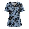 Women's Loose Short Sleeved Fashionable Flowers And Plants Printing V-neck Buttonable Side Slit Top T-shirt