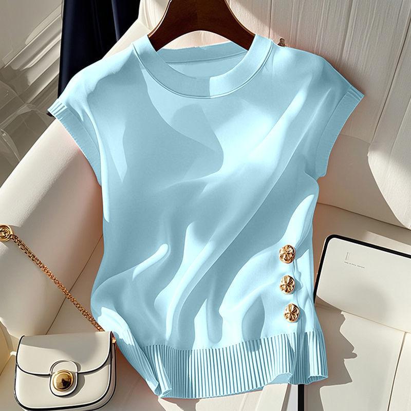 

Summer Round-necked Sweater Women Pullover Casual Chic Comfortable Slim Fashion Sleeveless Femme Knitwear Tops One size синий