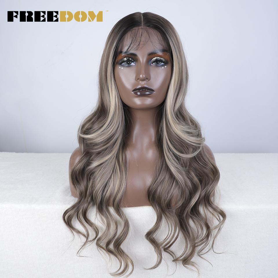 FREEDOM Synthetic Lace Front Wigs For Women 26 Inches Body Wave Wig Ombre Brown Blonde Lace Wig Synthetic Highlight Cosplay Wig