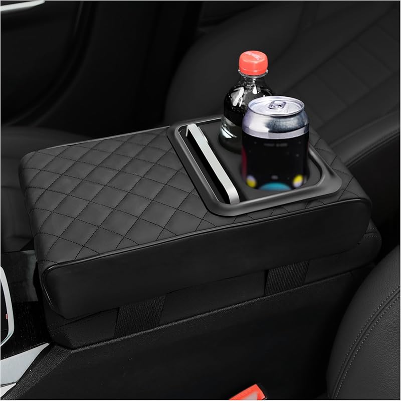 Leather Center Console Cover With Cup Holder,Booster Car Armrest Cover For Protecting Car Armrest Box & Car Decorations,Universal Car Accessories