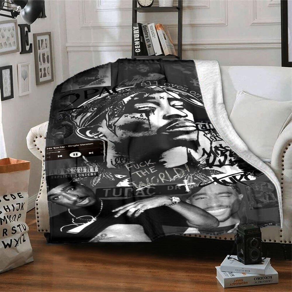 1pc 2Pac Hip Hop Blanket Soft Lightweight All Season Multi Purpose Throw for Sofa, Bed, Office & Picnics, French Style with Iconic Album Art & Quotes