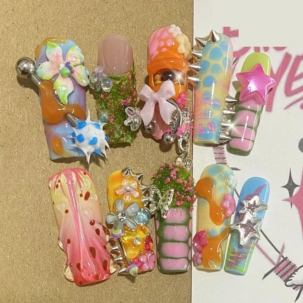 Kawaii Handmade Square Press On Nails Art Party Stickers Cute Flower Panda Bear Animal Custom Acrylic Fake Nails