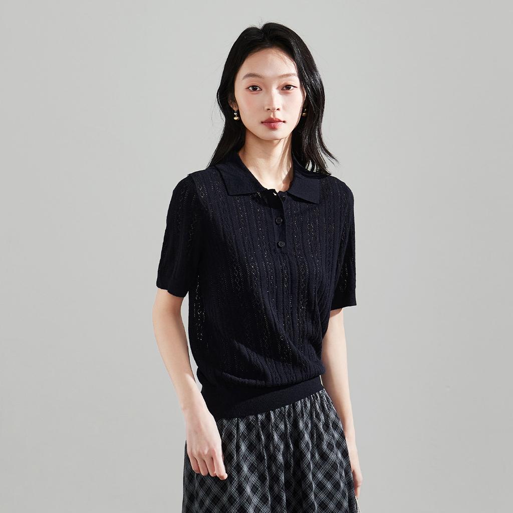 Hollow Out Polo Collar Short Sleeved Knitted T-shirt for Women In 2026 Spring Fashion, Versatile and Slimming Casual Top