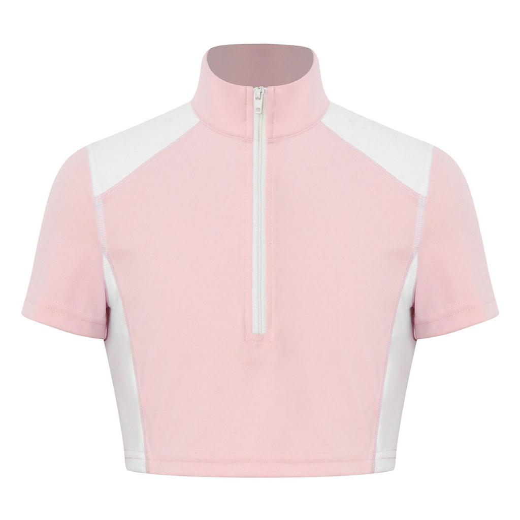 Kids Girls Color-block Equestrian Shirt Zip-up Stand Collar Short Sleeve Athletic Tops for Horse Riding Running Golf Tennis Practice