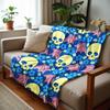 Floral Skull Bat Blue Cartoon Anime Print Flannel Blanket Soft Warm Throw for Kids Bedroom Sofa Christmas Office Car