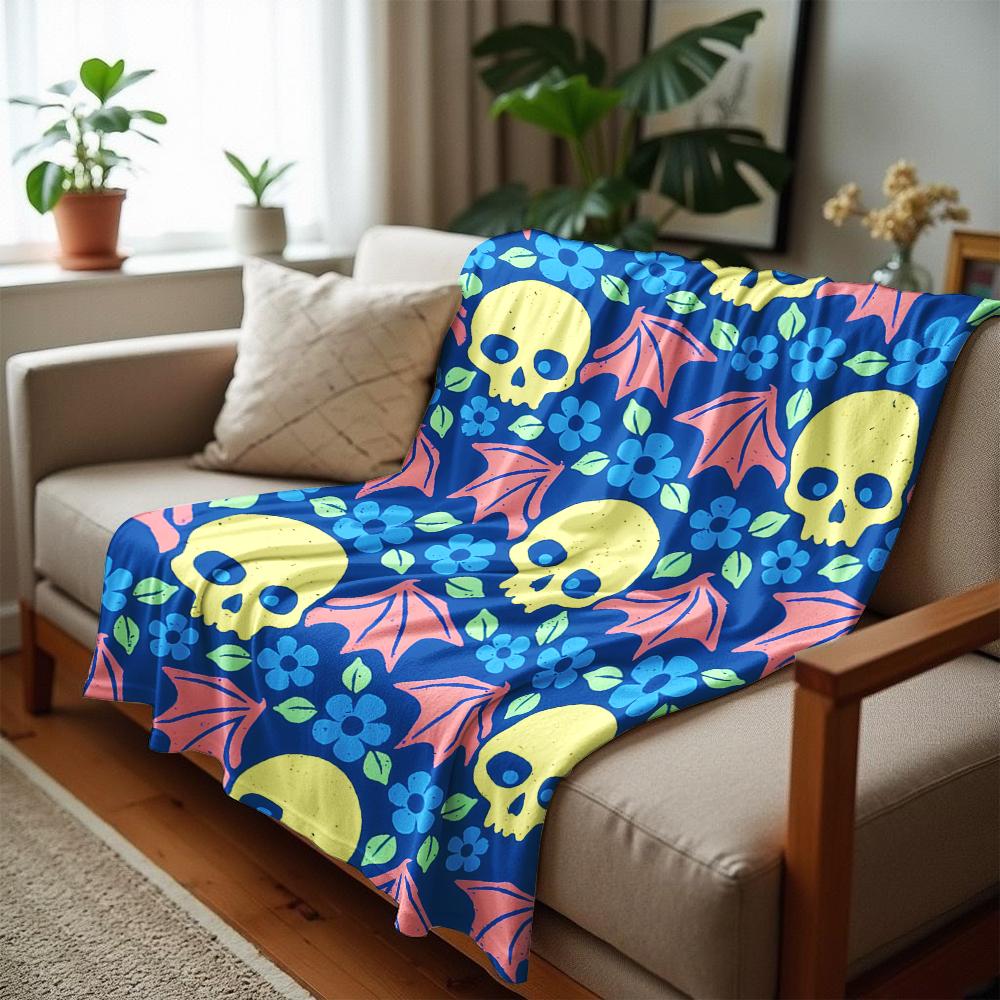Floral Skull Bat Blue Cartoon Anime Print Flannel Blanket Soft Warm Throw for Kids Bedroom Sofa Christmas Office Car