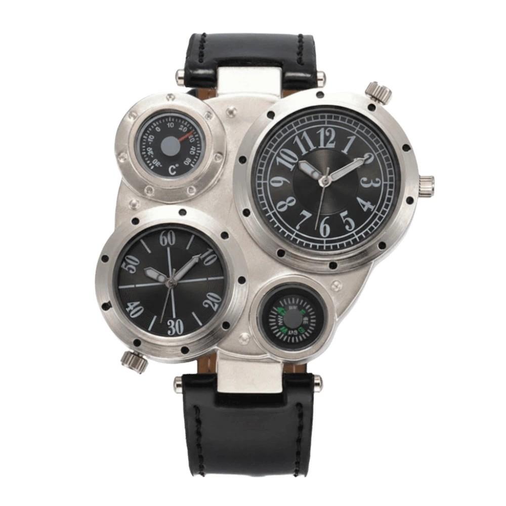 PU Leather Strap Dual Time Zone Watch Leather Strap Quartz Watch Fashion Sport Wristwatch  Men чёрный