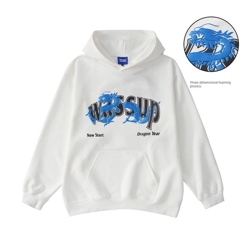 

Wassup Trendy Brand Foam Chinese Dragon Letter Sweatshirt for Men, New Heavy Loose Trendy Hoodie Top for Autumn and Winter White L