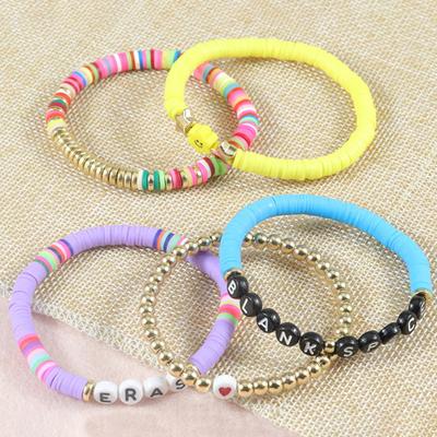 Yousheng 5Pcs/Set Singer Lover Elastic Bracelet Letter Print Polymer Clay Beads Bracelet Summer Beach Bohemian Layering Friendship Bracelet