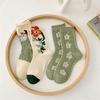 Two Pairs of Women Mid Tube Socks Kawaii Cartoon Green Flower Cotton Socks Harajuku Casual Breathable Retro Mori Style Socks