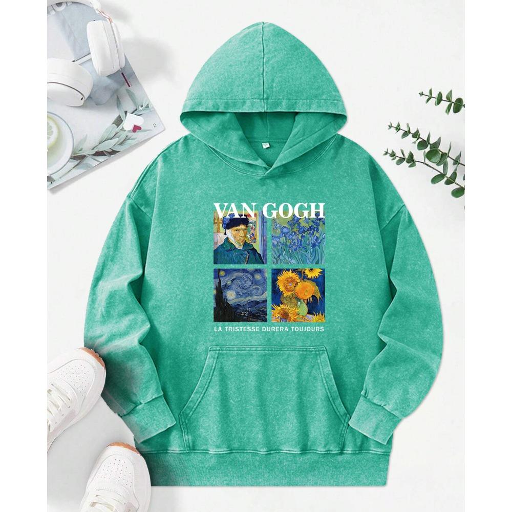 Sunflower Oil Painting Illustration Printing Washed Hoodie Women Comics Hoody Vintage Clothes Autumn Cotton Sportswear