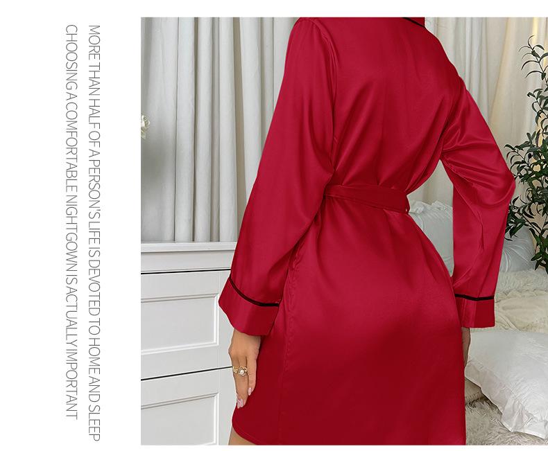 Women's European & American Style Ice Silk Nightgown with Long Sleeves – Comfortable, Close-Fitting, Sexy Pajamas & Bathrobe Set
