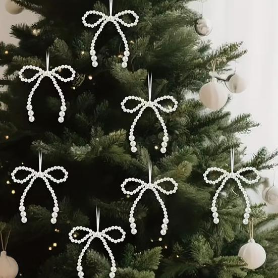 Faux Pearl Bow Christmas Ornaments White Faux Pearl Bead Bows Hanging Ornament Bowknot Tree Topper for Wedding Bridal Baby Shower Birthday Decoration