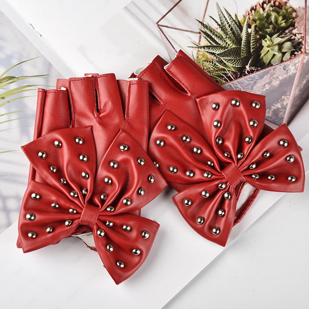Women Bowknot Rivet Half Finger Gloves PU Leather Gloves For Nightclub Hiphop Dancing Wear And Stage Performances