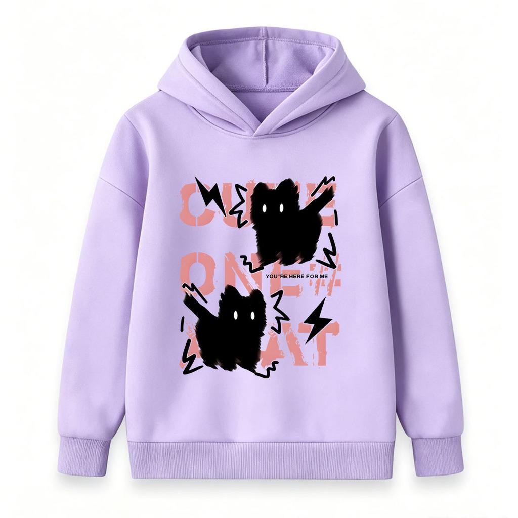 Kids Boys Girls Hoodie Sweatshirt, Cute Fluffy Black Cat Print Pullover, Casual Long Sleeve Loose Fit Hooded Tops for Daily Street Wear