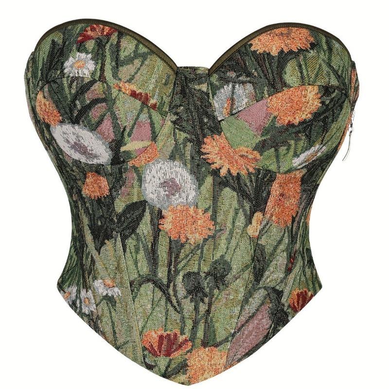 

Floral Tapestry Strapless Corset Top Sweetheart Neckline Boned Bustier for Women S зелений